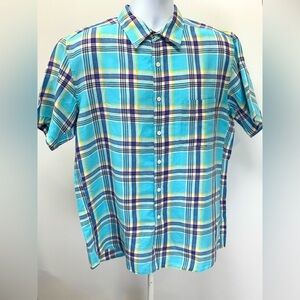UNIQLO Men's Aqua Blue and Yellow plaid casual button down shirt size L